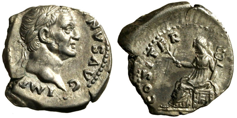 VESPASIANO (69-79) Denario (g. 3,22). IMP CAESAR VESPASIANVS AVG, Testa laur. a ...