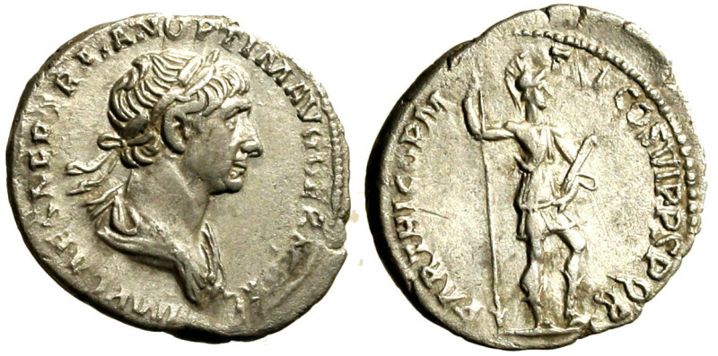 TRAIANO (98-117) Denario (g. 3). Busto laur. a ds. R/ L'imperatore in abiti mili...