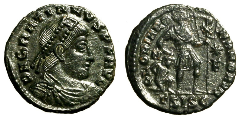 GRAZIANO (375-378) AE3 per Siscia (g. ) D N GRATIANVS P F AVG. Busto diad., drap...