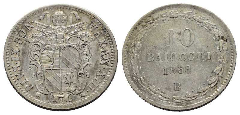 Bologna. Stato Pontificio. Pio IX (1846-1870). 10 Baiocchi 1858 B. Ag (2,86 g). ...