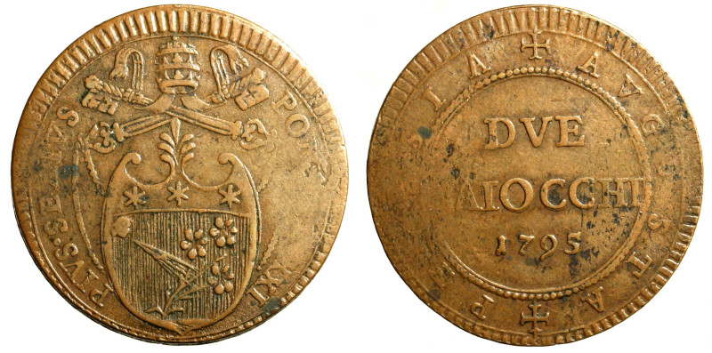 PERUGIA. Pio VI (1775-1799) Due baiocchi 1795/ XXI (g. 18,54) Stemma R/ DVE/ BAI...