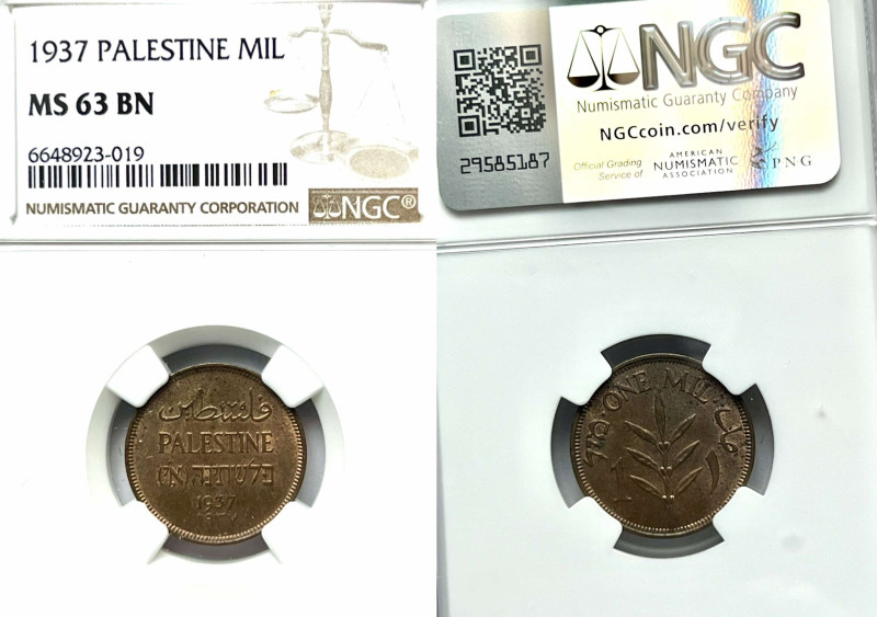 PALESTINA. 1 Mil 1937. Cu. IN SLAB NGC - MS 63 BN