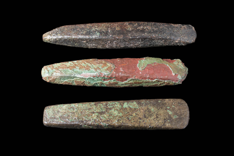 COLLECTION OF 3 BRONZE AGE FLAT AXE HEADS

 Ca. 3000 - 2000 BC A collection of...