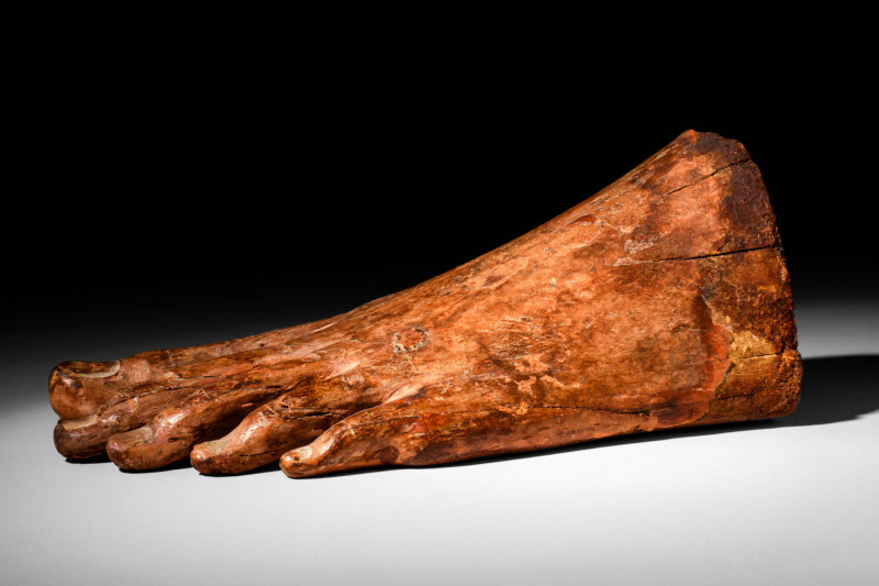 EGYPTIAN WOODEN MODEL OF FOOT

 New Kingdom, Ca. 1550 - 1069 BC A model of a l...