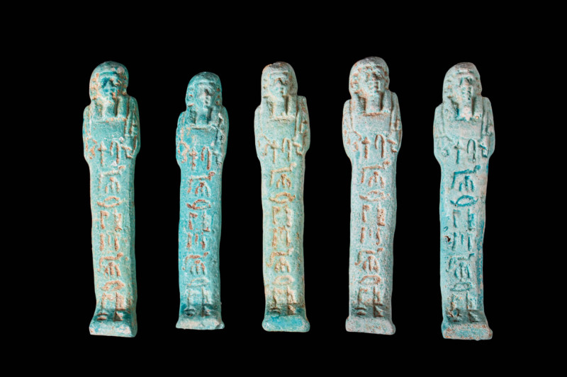 A COLLECTION OF FIVE GREEN FAIENCE USHABTI

 Late Period and Ptolemaic Period,...