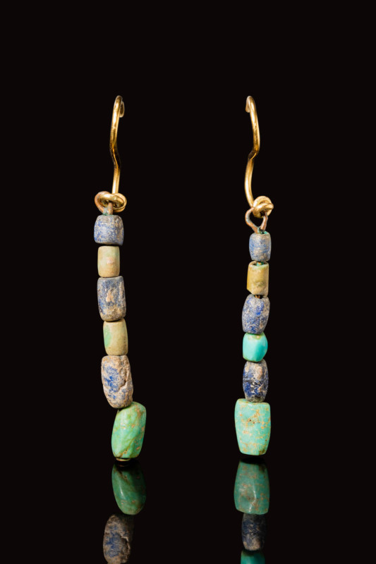 PAIR OF EGYPTIAN EARRINGS WITH FAIENCE AND LAPIS LAZULI BEADS

 Late Period, C...