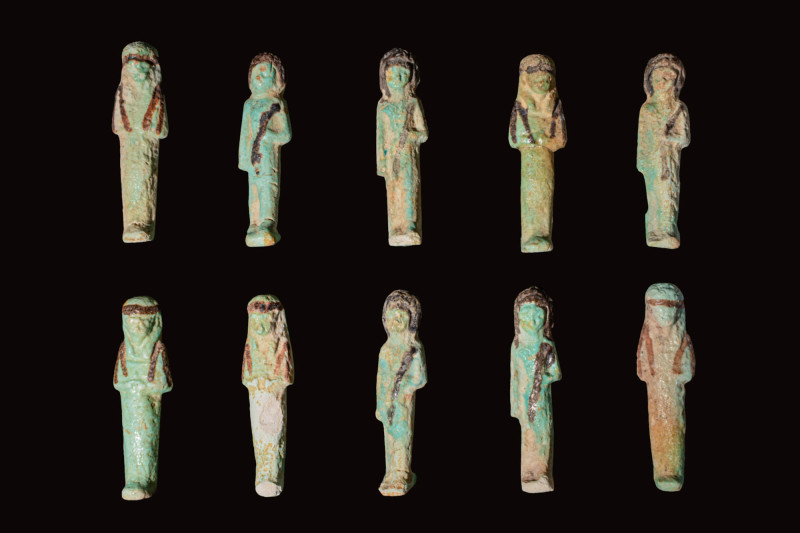 COLLECTION OF 10 EGYPTIAN FAIENCE USHABTI

 Third Intermediate Period, Ca. 106...