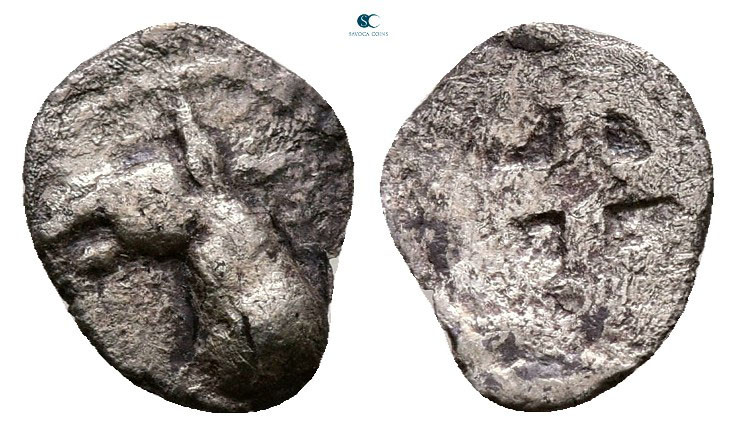 Macedon. Mende circa 480-460 BC. 
Tritartemorion or 3/4 Obol AR

9 mm, 0,28 g...