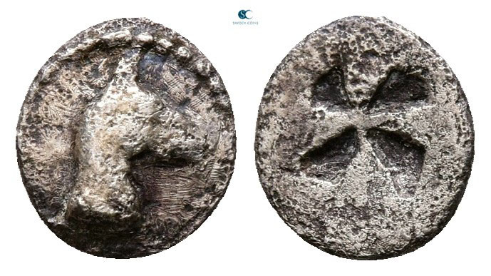 Macedon. Mende circa 480-460 BC. 
Tritartemorion or 3/4 Obol AR

8 mm, 0,35 g...