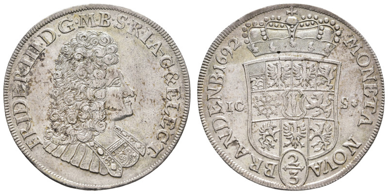 2/3 Taler, 1692, Friedrich III., Dav. 273, kl. Kr., min. wellig, f. vz.