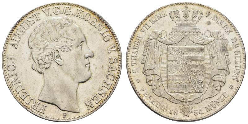 Doppeltaler, 1854, Friedrich August II., AKS 94, J. 78, kl. Rf., Kratzer, ss-vz