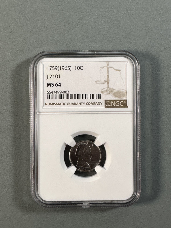 10 Cents, Probe, 1759 (1965), Martha Washington, Judd 2101, NGC MS 64.