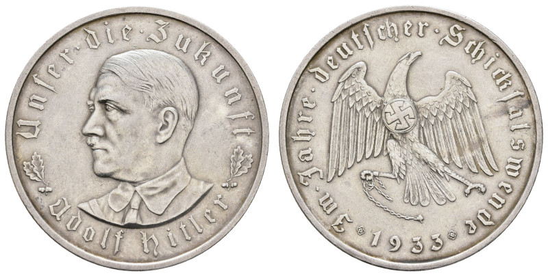 Silbermedaille (Dm. 36,1 mm, 21,71 g), 1933, unsigniert, auf die Machtergreifung...