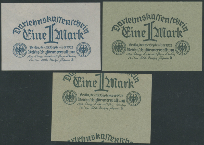 Darlehenskassenschein, 1 Mark 15.9.1922 (3x), Ro. 73a und b und1x Makulaturschei...