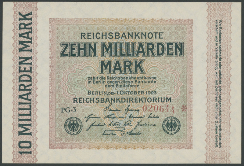 10 Mrd. Mark 1.10.1923 (2x), Wz. stehende Gitter mit 8, KN 6-stellig, FZ PG und ...