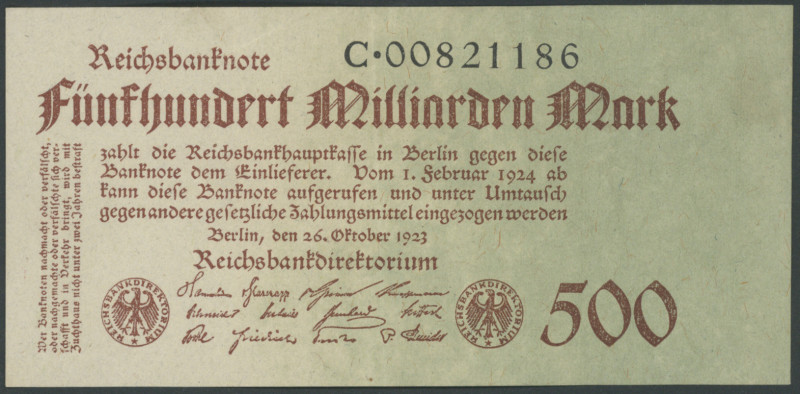 500 Mrd. Mark 26.10.1923 (2x), Reichs- und Firmendruck, FZ schwarz, Papier Farbv...