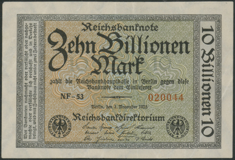 10 Bio. Mark 1.11.1923, KN 6-stellig/ FZ NF, Ro. 129 b, selten, Erh II-III.