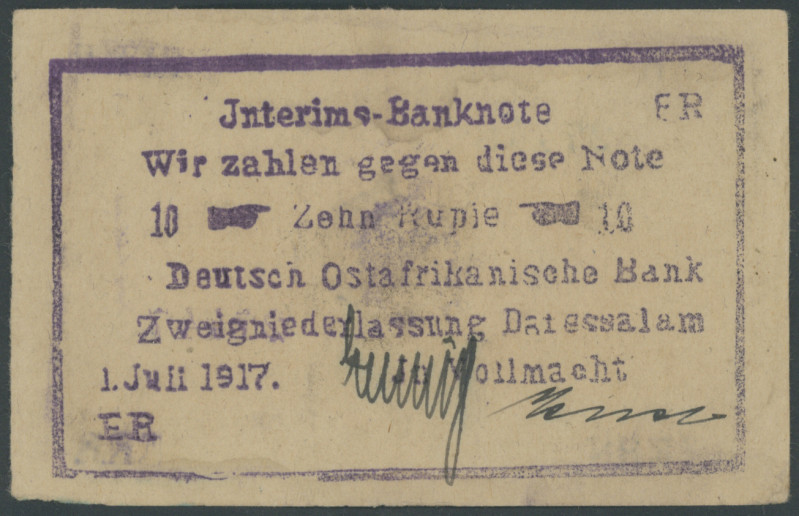 Deutsch-Ostafrika, Deutsch-Ostafrikanische Bank, "Buschnoten" 1917: 1 Rupie 1.7....