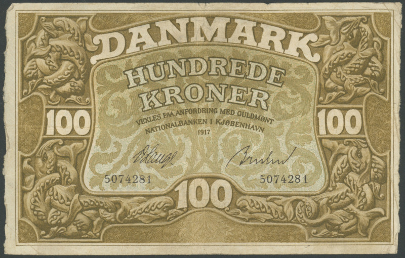 Dänemark, 100 Kroner 1917, Ser. Nr. 5074281, P-23d, selten, IV/F