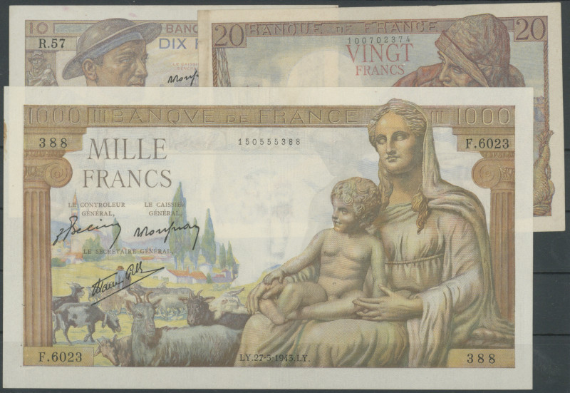 Frankreich, 3 St.: Banque de France-10 Francs 9.9.1943 ( P-99e); 20 Francs 24.9....