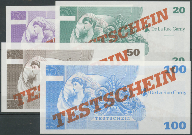 De la Rue Garny, Testscheine, 10, 20, 50 und 100, Erh I/ unc.