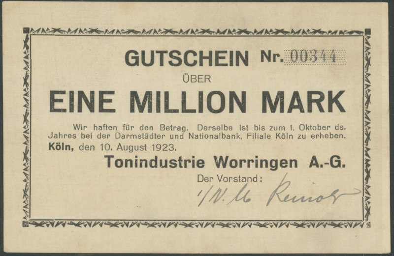 Köln (Rhl.-NRW) Tonindustrie Worringen A.-G, Gutschein zu 1 Mill. Mark 10.8.-1.1...