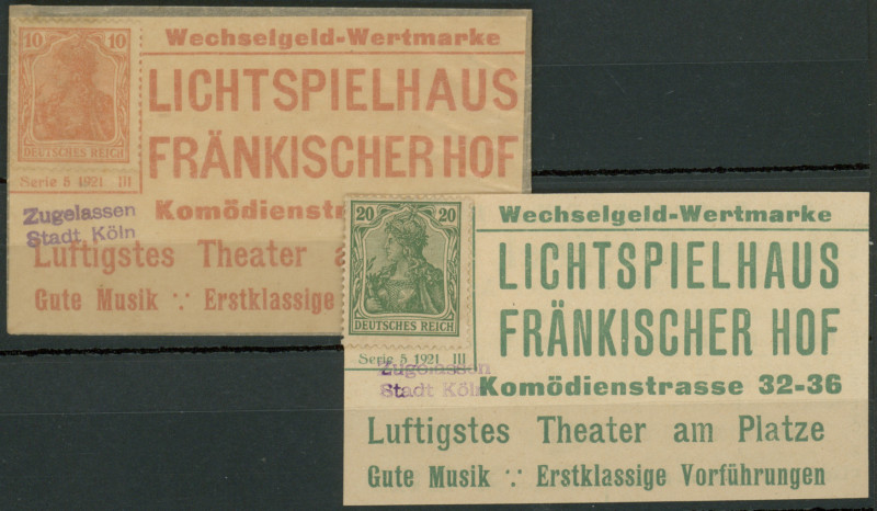 Köln (Rhl.-NRW) Lichtspielhaus Fränkischer Hof, 10 und 20 Pfg. 1921, Poto-Briefm...