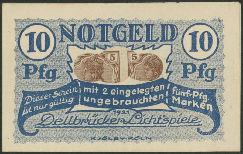 Köln-Dellbrück (Rhl.-NRW), Lichtspiele, 10 Pfg 1921 Druck blau ohne Randbeschrif...