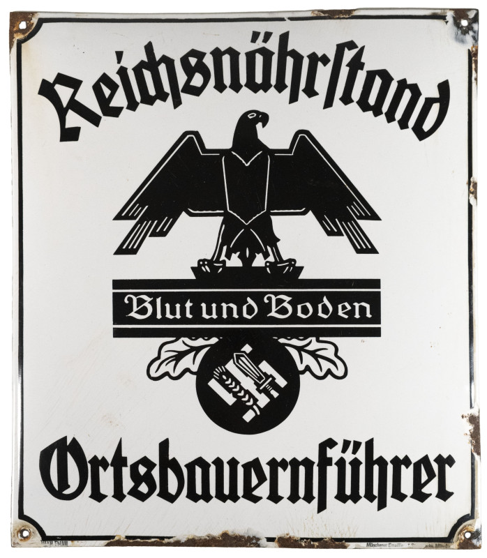 Emailleschild "Reichsnährstand - Ortsbauernführer", leicht gewölbt, schwarz/weiß...