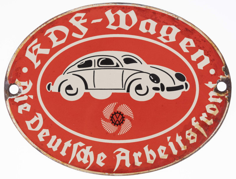 Emailleschild, Volkswagen, "KDF-Wagen - Die Deutsche Arbeitsfront", rot mit weiß...