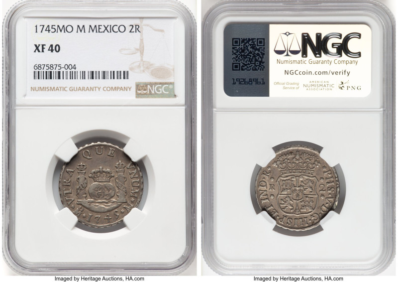Philip V 2 Reales 1745 Mo-M XF40 NGC, Mexico City mint, KM85. Diminutive type sc...