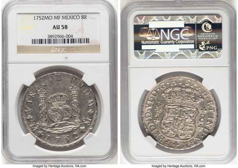 Ferdinand VI 8 Reales 1752 Mo-MF AU58 NGC, Mexico City mint, KM104.1. Pale eggpl...