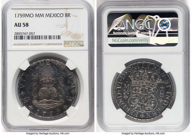 Ferdinand VI 8 Reales 1759 Mo-MM AU58 NGC, Mexico City mint, KM104.2, Cal-495. G...