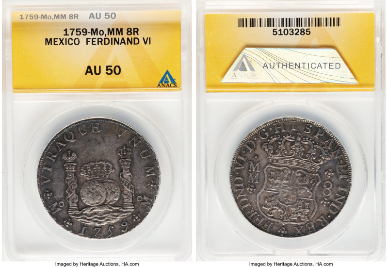 Ferdinand VI 8 Reales 1759 Mo-MM AU50 ANACS, Mexico City mint, KM104.2, Cal-495....
