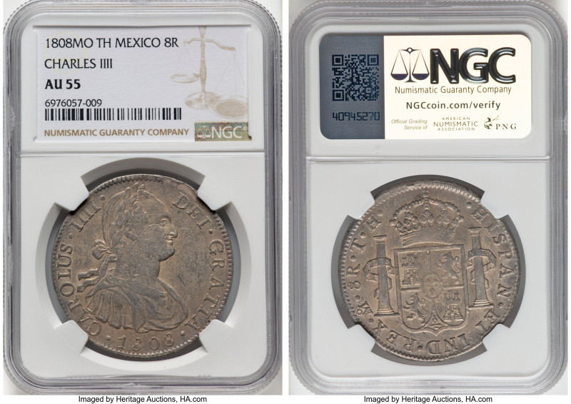 Charles IV 8 Reales 1808 Mo-TH AU55 NGC, Mexico City mint, KM109. Charles IIII i...