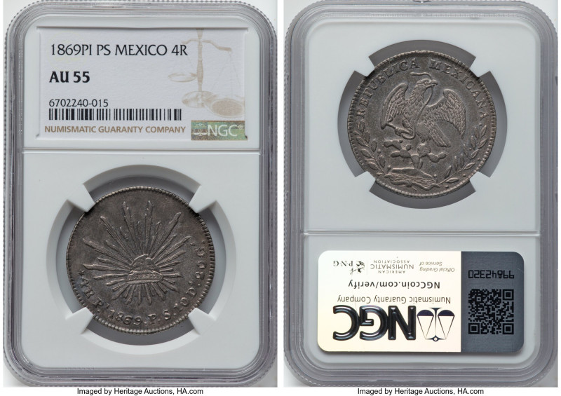 Republic 4 Reales 1869 Pi-PS AU55 NGC, San Luis Potosi mint, KM375.8. A truly pl...