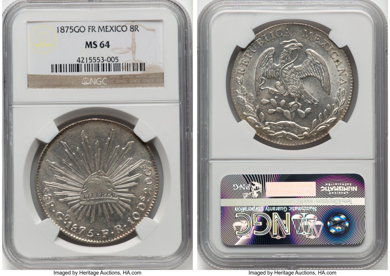 Republic 8 Reales 1875 Go-FR MS64 NGC, Guanajuato mint, KM377.8, DP-Go55. Whippi...