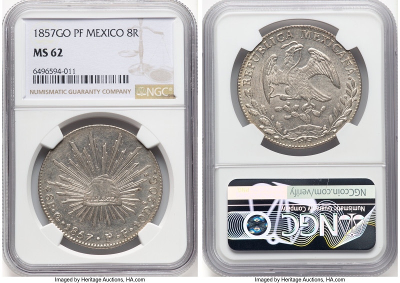 Republic 8 Reales 1857 Go-PF MS62 NGC, Guanajuato mint, KM377.8, DP-Go41. HID098...