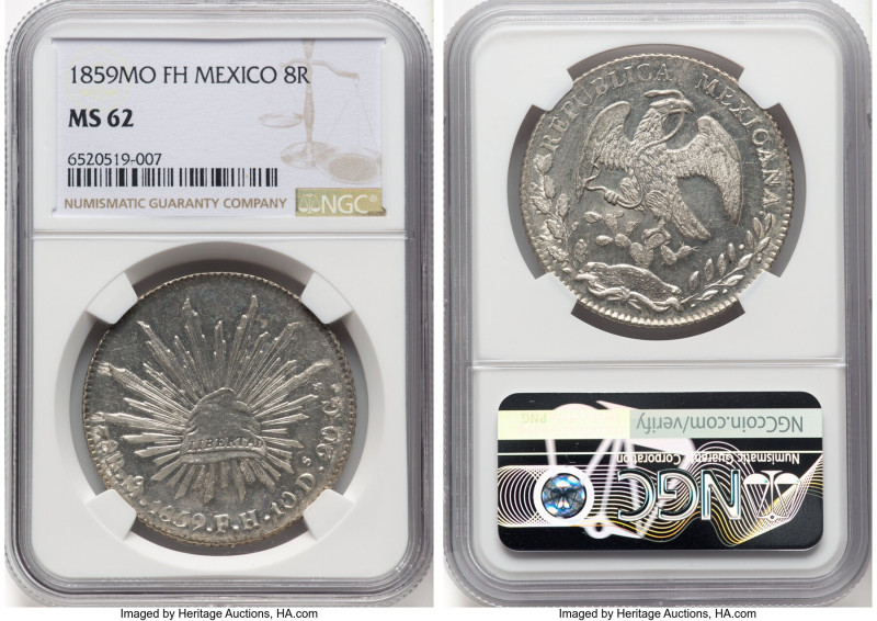 Republic 8 Reales 1859 Mo-FH MS62 NGC, Mexico City mint, KM377.10, DP-Mo45. HID0...