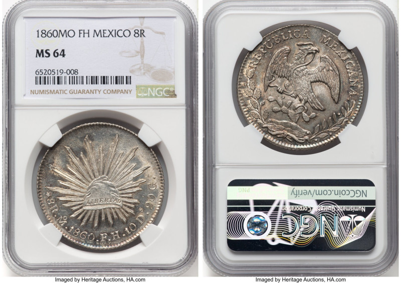 Republic 8 Reales 1860 Mo-FH MS64 NGC, Mexico City mint, KM377.10, DP-Mo46. HID0...