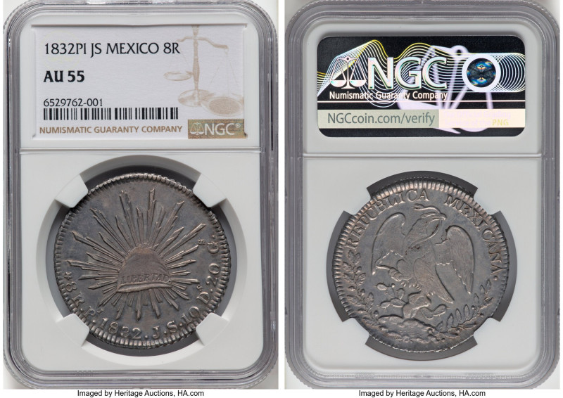 Republic 8 Reales 1832 Pi-JS AU55 NGC, San Luis Potosi mint, KM377.12, DP-Pi07. ...