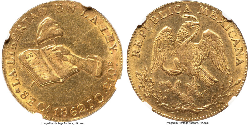 Republic gold 8 Escudos 1862 Ca-JC AU58 NGC, Chihuahua mint, KM383.1, Long-pg. 3...