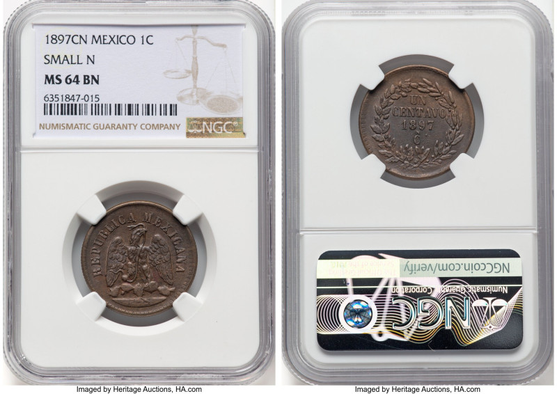 Republic Centavo 1897-Cn MS64 Brown NGC, Culiacan mint, KM391.1. Small N variety...