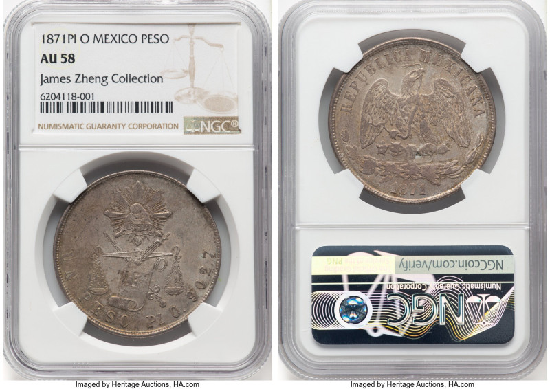 Republic Peso 1871 Pi-O AU58 NGC, San Luis Potosi mint, KM408.7. Ex. James Zheng...