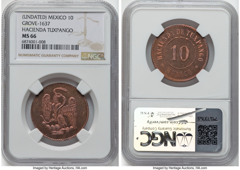 Republic "Hacienda Tuxpango" 10 Centavos Token ND (c. 1890's) MS66 NGC, Rulau-Ve...