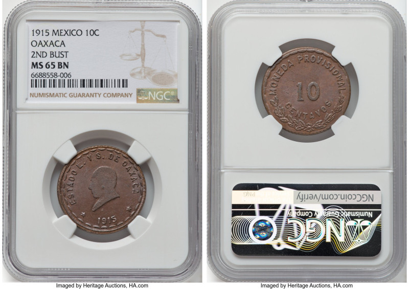 Oaxaca. Revolutionary 10 Centavos 1915 MS65 Brown NGC, Oaxaca mint, KM722. Secon...