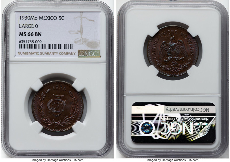 Estados Unidos 5 Centavos 1930-Mo MS66 Brown NGC, Mexico City mint, KM422. Large...