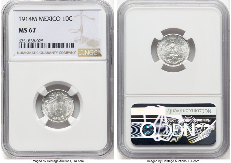 Estados Unidos 10 Centavos 1914-M MS67 NGC, Mexico City mint, KM428. HID09801242...