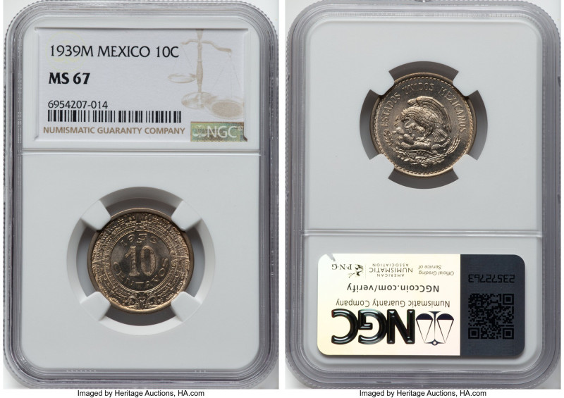 Estados Unidos 10 Centavos 1939-M MS67 NGC, Mexico City mint, KM432. A resplende...