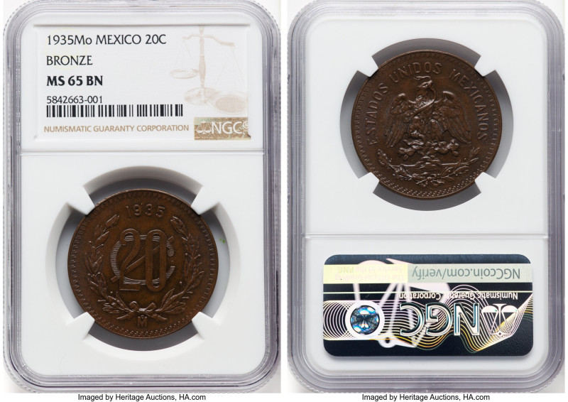 Estados Unidos 20 Centavos 1935-Mo MS65 Brown NGC, Mexico City mint, KM437. HID0...